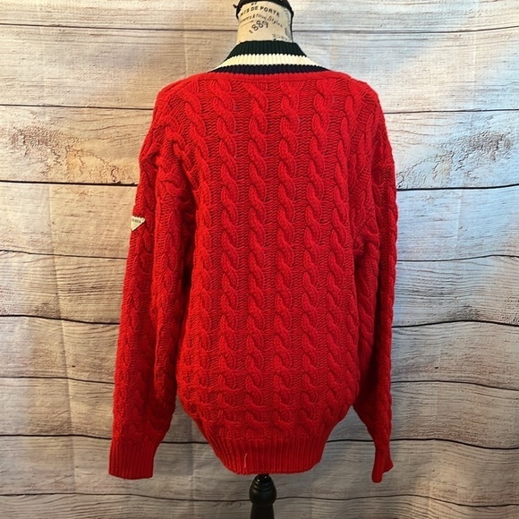 Vintage Privata Sweater Cable Knit Made in Spain V-neck Preppy Red Size Medium - Picture 6 of 11